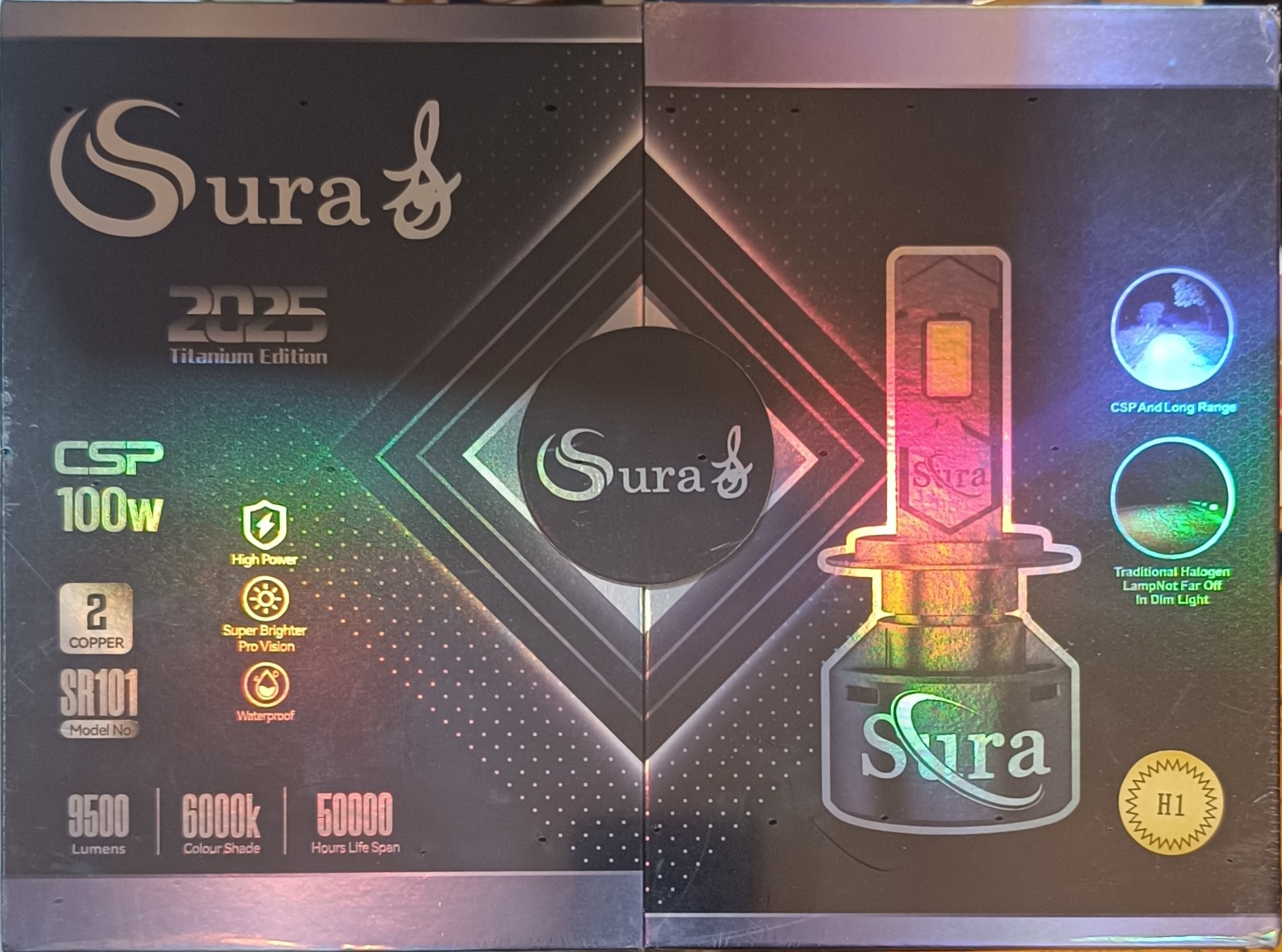 هدلایت SURA SR101 100W CSP Titanium Edition | 9500LM | 6000K | H1 H4 H7 | گارانتی 12 ماه .سورا-همراه با یک جفت سکن رایگان
